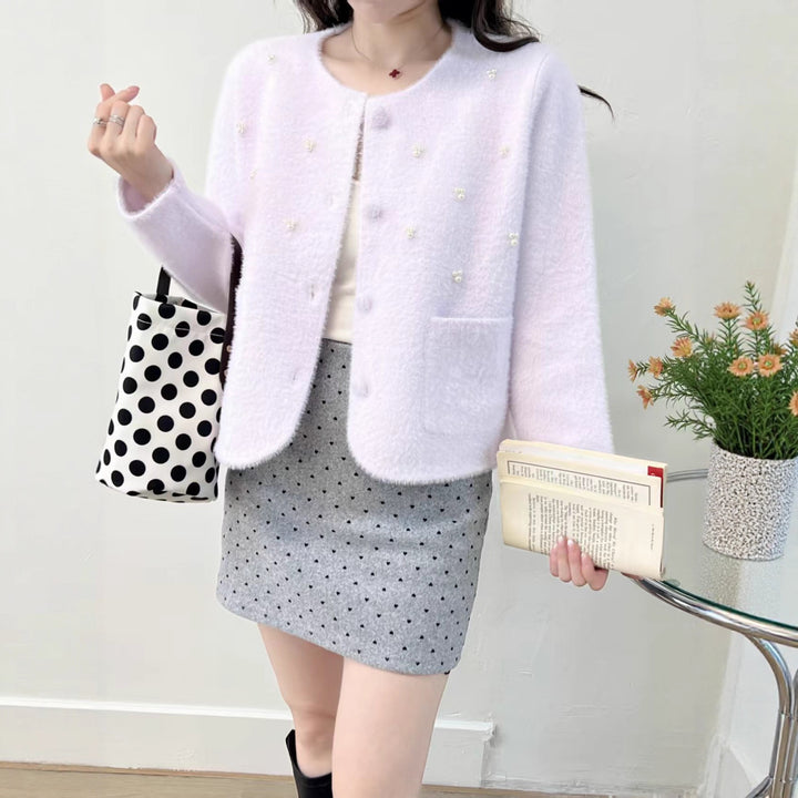 Cardigan confortable pour femmes avec décoration en perles et col rond classique Chic & Stil