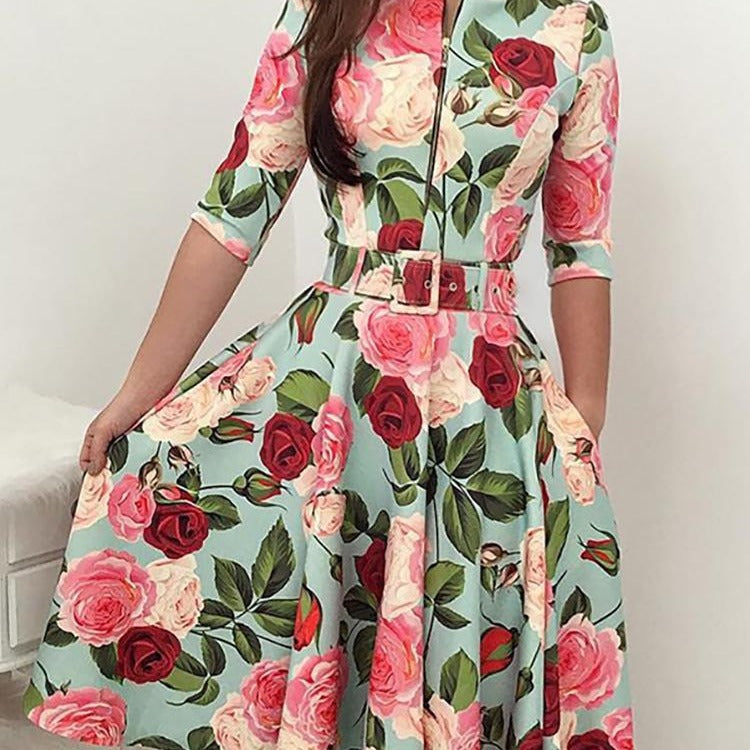 Robe midi femme avec imprimé floral et ceinture à la taille Chic & Stil