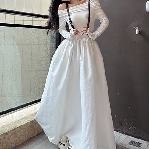 Women's elegant off-shoulder maxi dress with modern strap details Lune London