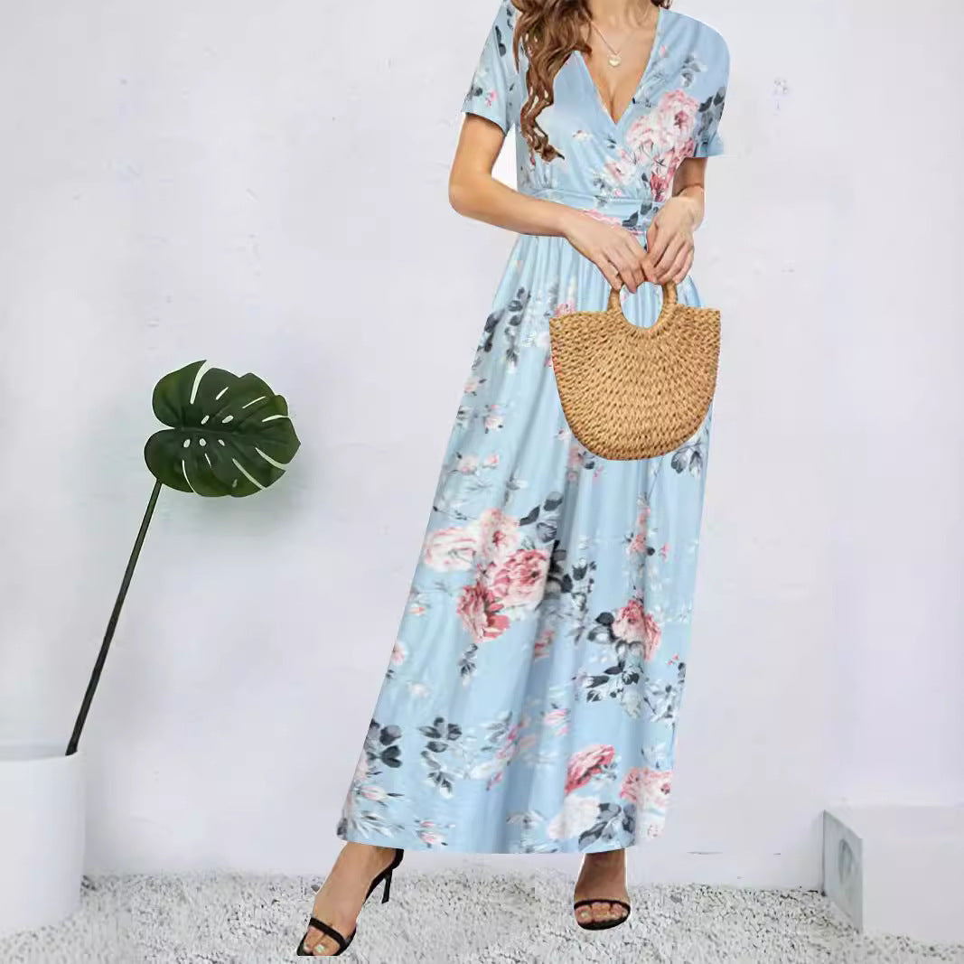 Maxi dress for women with deep V-neck and floral design Lune London