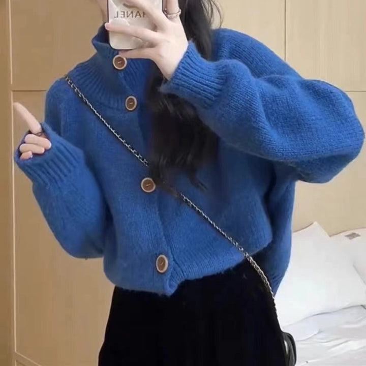 Comfortable cardigan for women with high collar and decorative buttons Lune London