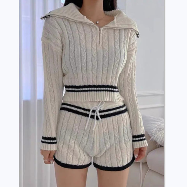 Knitted short sweater for women with a high collar and shorts in the Lune London set