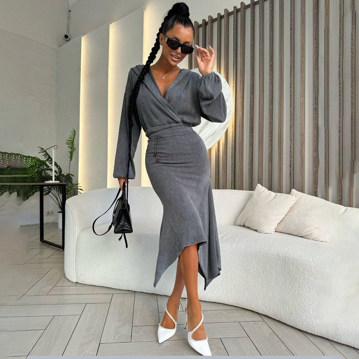 Asymmetrical hem wrap dress for women with elegant puff sleeves Lune London