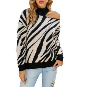 Women's patterned sweater with asymmetrical neckline and ribbed knit Lune London