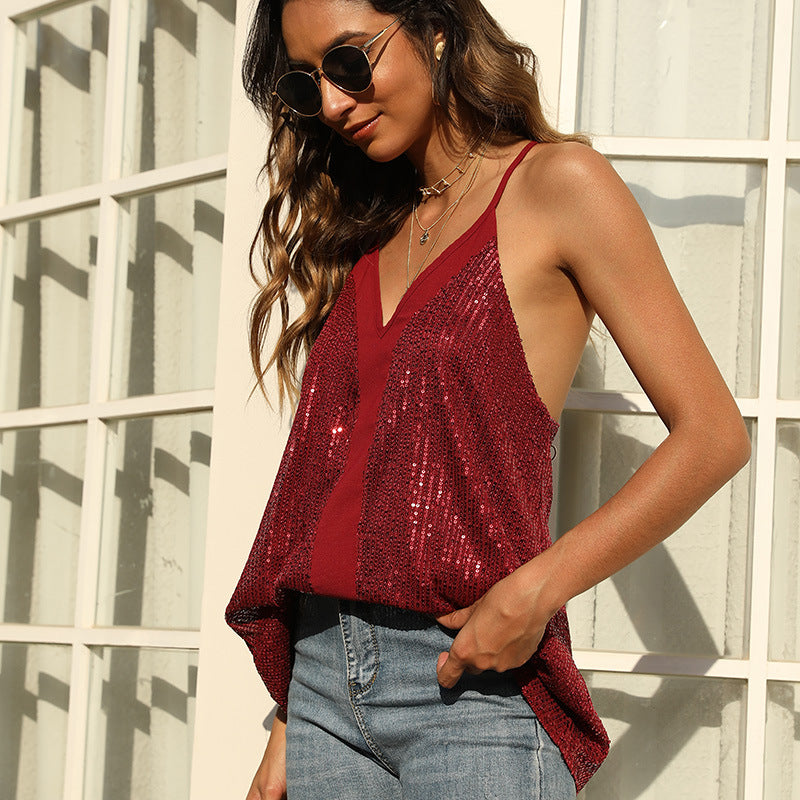 Sparkling sequined blouse for women with V neck Lune London