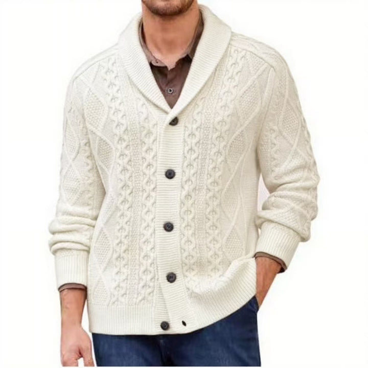 Men's knitted jacket with a clear braid pattern and a modern high collar Lune London