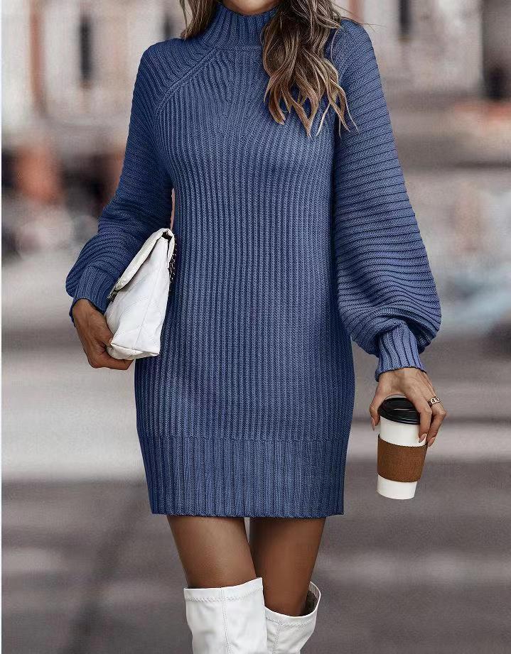 Chunky knit dress for women with wide turtleneck and puff sleeve details Lune London