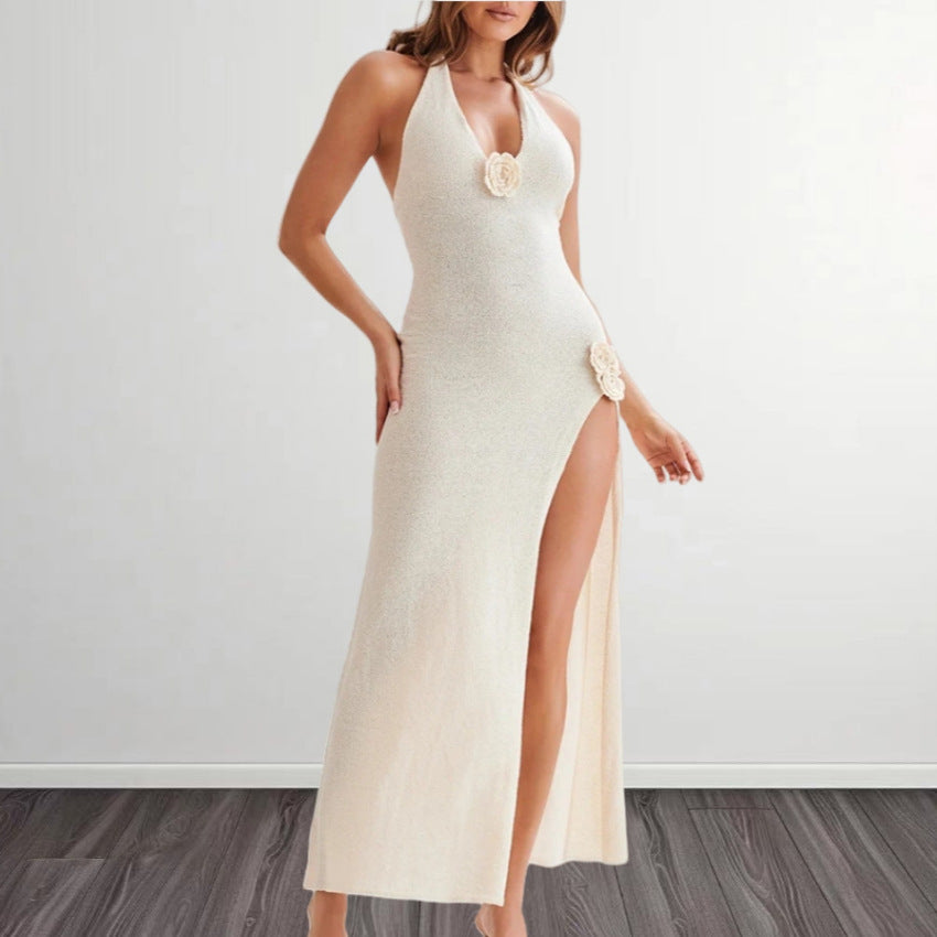 Ladies Elegant Maxi Dress with High Split and Chic Decorative Floral Applications