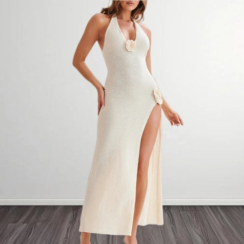 Ladies Elegant Maxi Dress with High Split and Chic Decorative Floral Applications