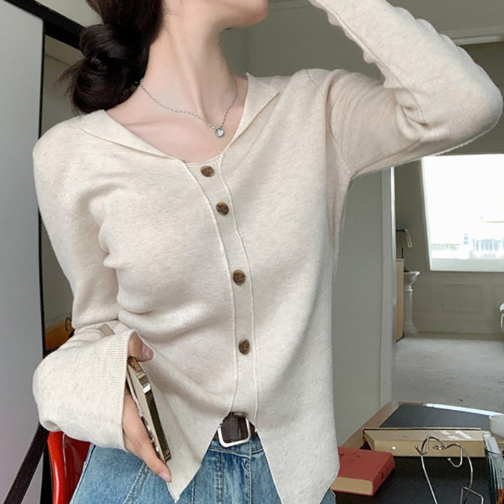 Women's Long Sleeve Cardigan with Button Placket and Fine Knit