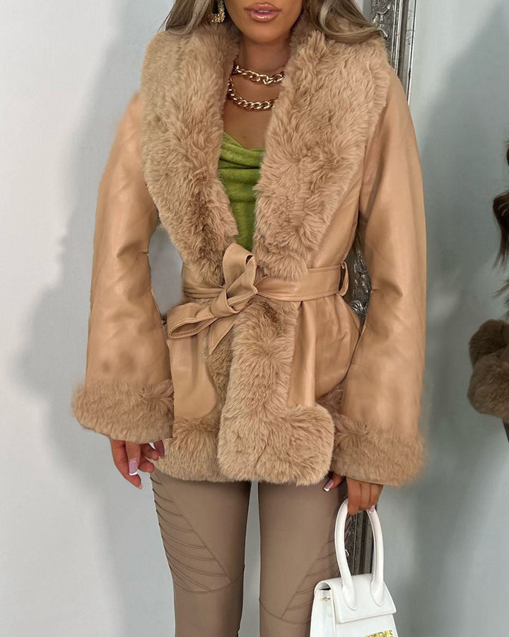 Lune London | Fur Collar Lacing At The Waist Stitched Pu Leather Jacket