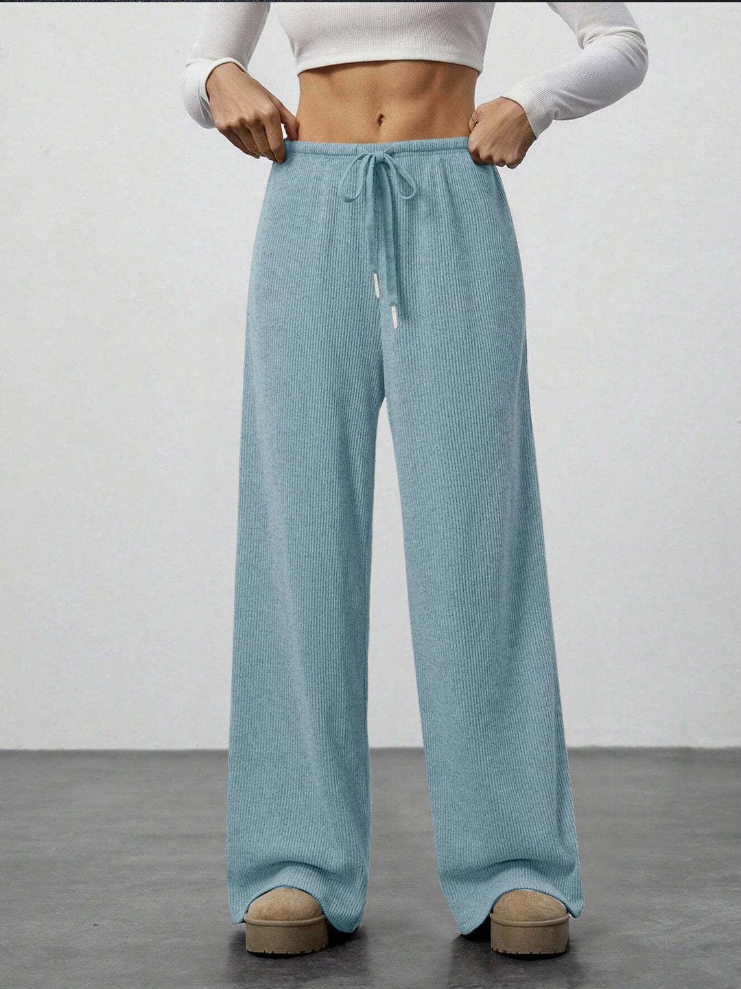Wide-leg knitted trousers for women with elastic waistband and drawstring Lune London