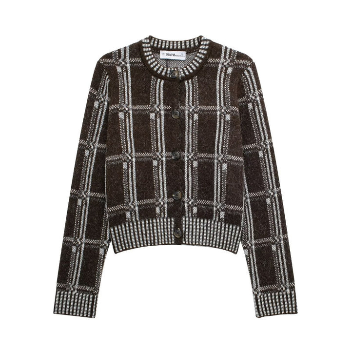 Knitted jacket for women with a modern check pattern and button closure Lune London