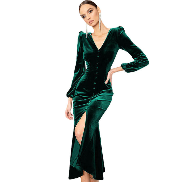Maxi velvet dress for women with central button closure and side slit Lune London