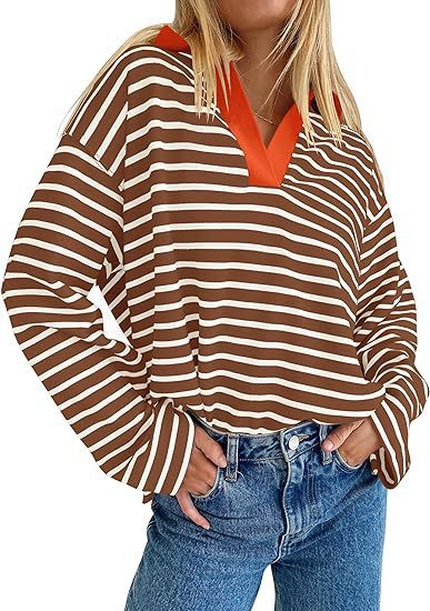 Casual striped summer sweater for women with V-neck and long sleeves Lune London