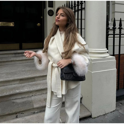 Ladies Elegant tie jacket with faux fur sleeves Lune London