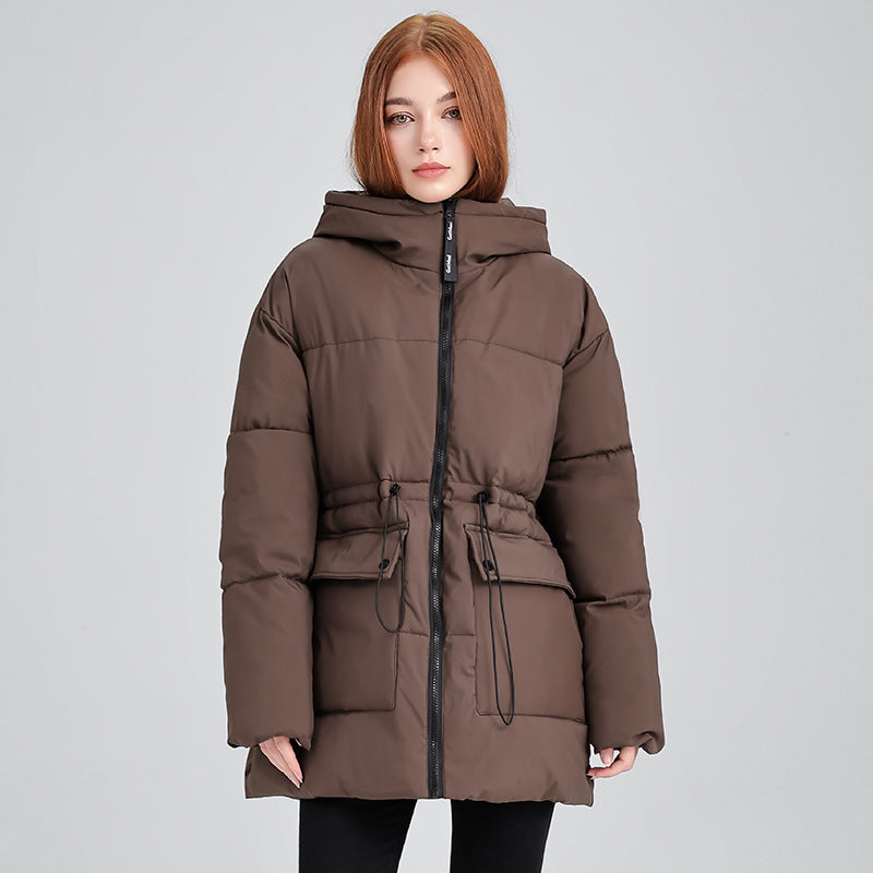 Insulated parka jacket for women with adjustable waist drawstring and practical pockets Lune London