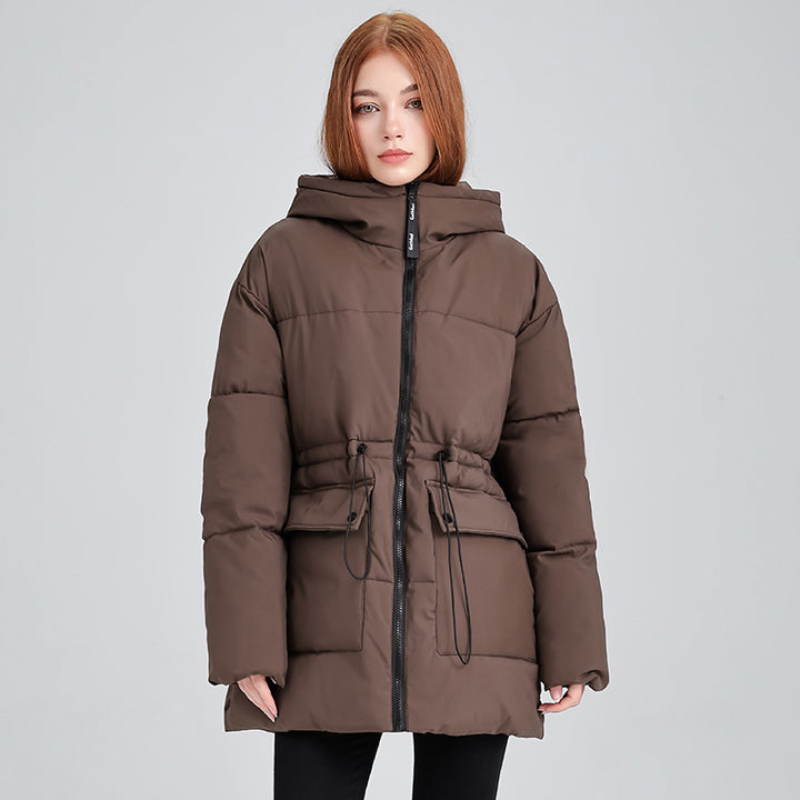 Insulated parka jacket for women with adjustable waist drawstring and practical pockets Lune London
