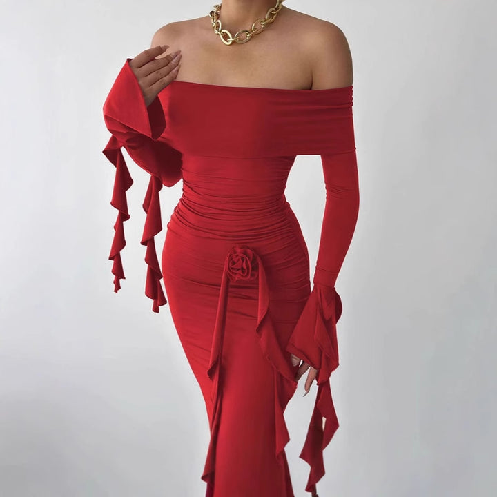 Elegant Women's Fashion Off-Shoulder Long Maxi Dress with Ruffle Details and Chic Fitted Silhouette