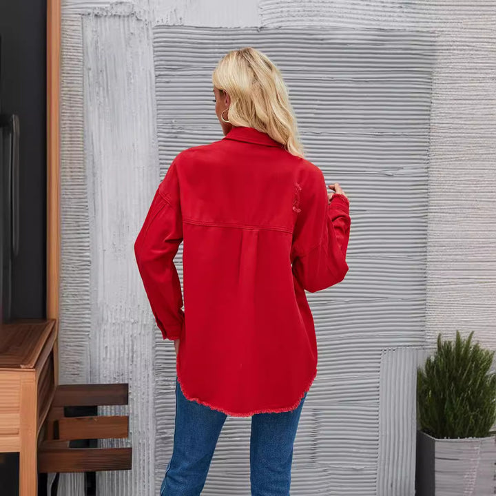 Oversized denim jacket for women with distressing effects