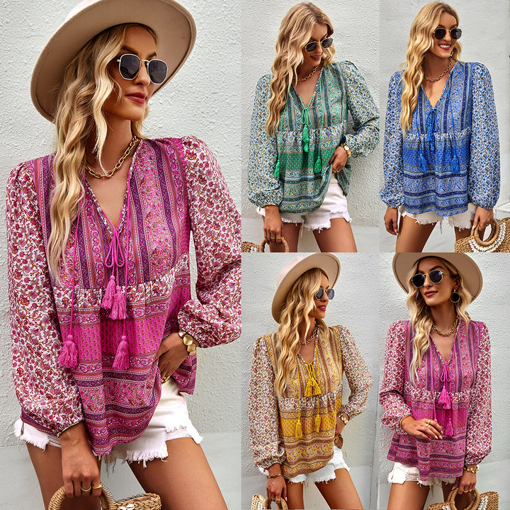 Airy women's blouse with trendy boho pattern and elegant ruffle details Lune London