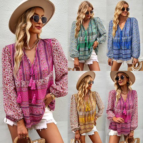 Airy women's blouse with trendy boho pattern and elegant ruffle details Lune London