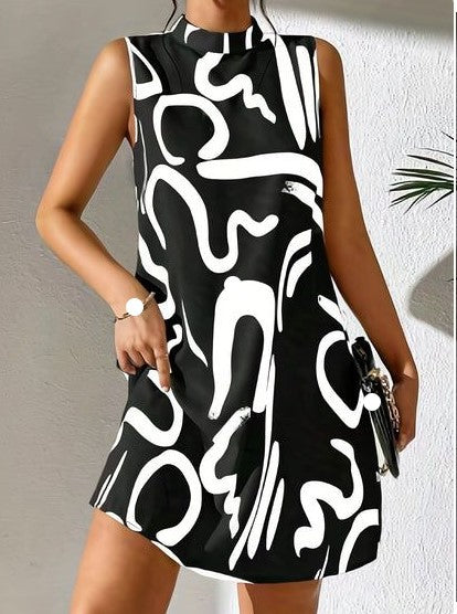 Mini A-line dress for women with modern graphic pattern and high collar Lune London