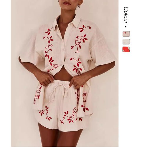 Women's Airy Short Sleeve Shirt and Shorts Set with Floral Embroidery Design Lune London