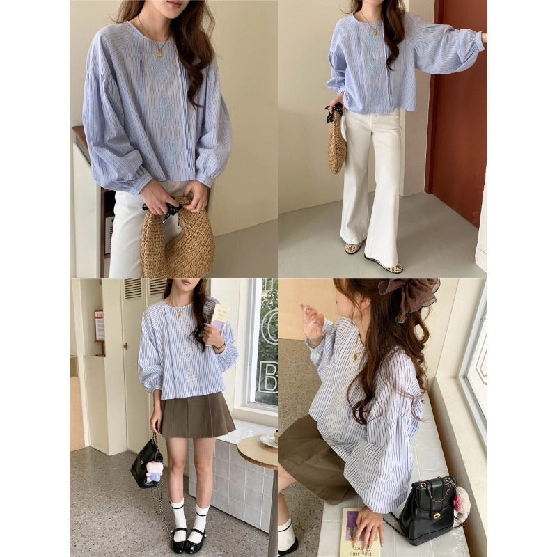 Women's Fashion Striped Top with Balloon Sleeves Chic & Stil