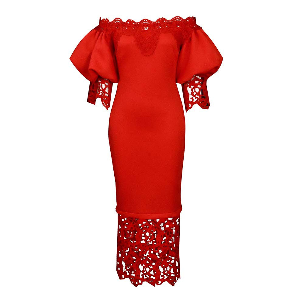 Maxi off-shoulder dress for women with lace accents and a flattering silhouette for Lune London