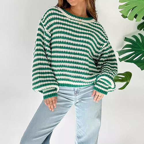 Women Short Knit Sweater with Flared Sleeves and a Chic and Stylish Striped Pattern