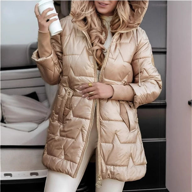 Ladies long quilted jacket with hood and practical pockets Lune London