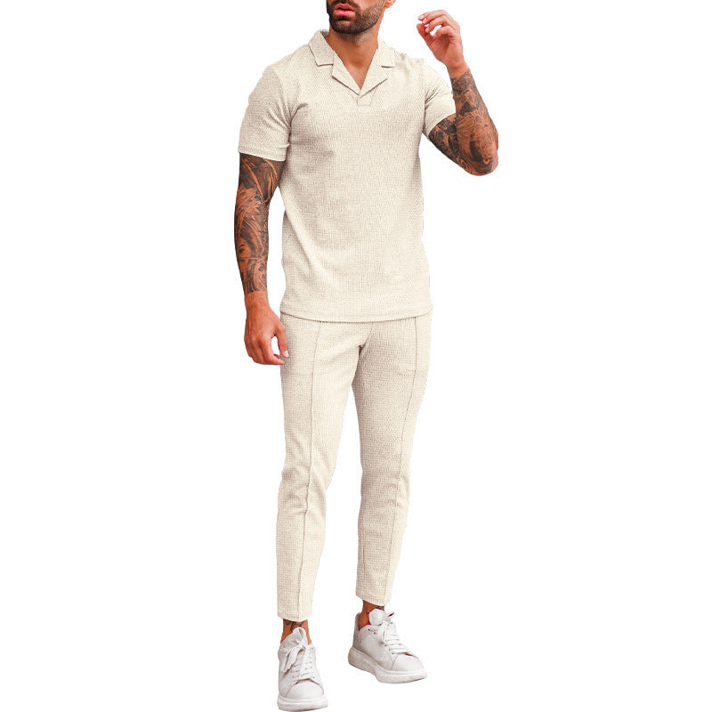 Elegant men's short sleeve polo with textured design and matching slim-fit trousers Lune London