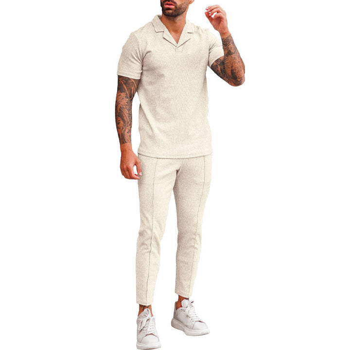 Elegant men's short sleeve polo with textured design and matching slim-fit trousers Lune London