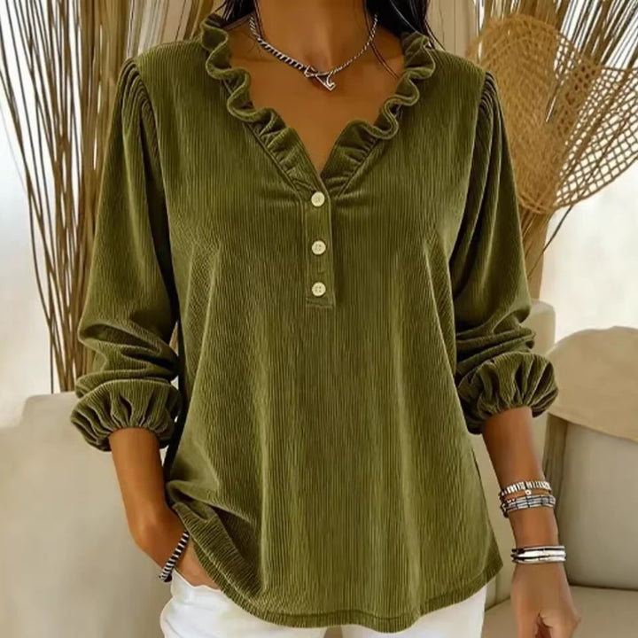 Women's ruffle blouse with button placket and 3/4 sleeves Lune London