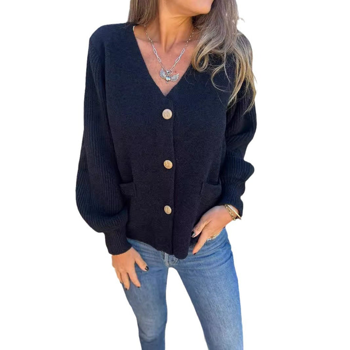 Ladies trendy knitted jacket with button details and pockets Lune London