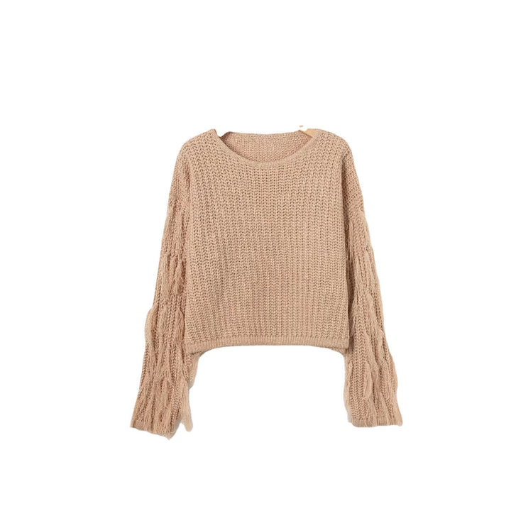 Trendy knitted pullover for women with fringed sleeves and a unique textured pattern Lune London