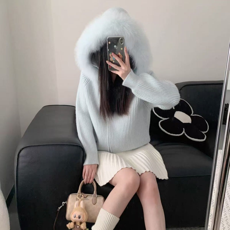 Veste en tricot côtelé douce pour femmes avec col en fourrure luxueuse Chic & Stil