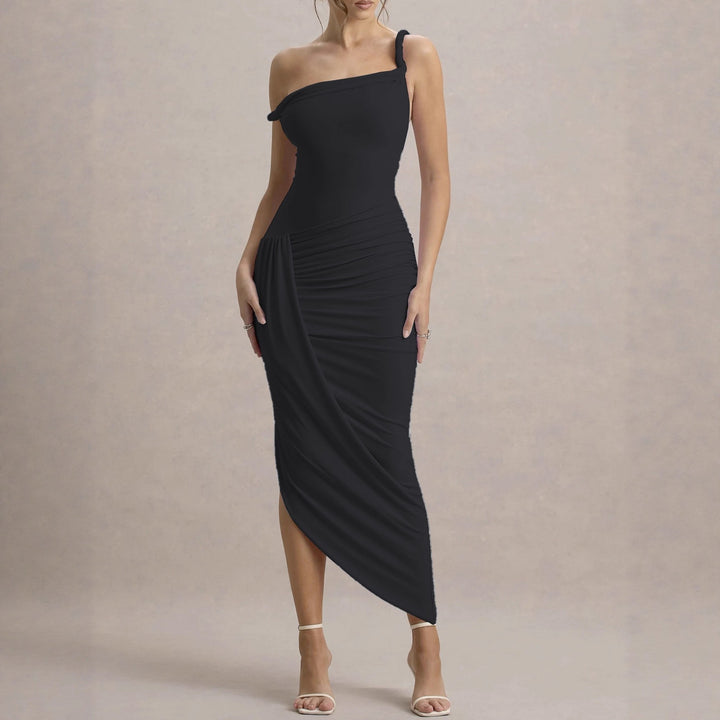 Ladies elegant asymmetrical maxi dress with gathers Lune London