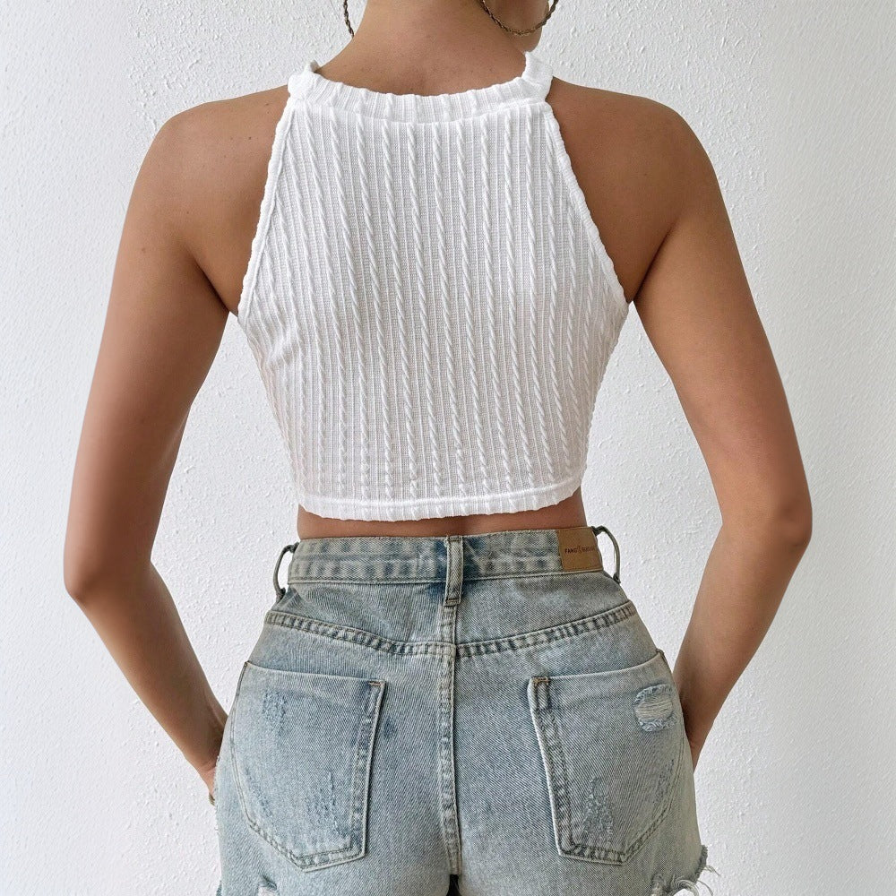 Haut halter pour femmes avec des franges et un fin motif en dentelle Chic & Stil