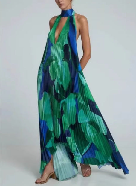 Pleated maxi dress for women with a chic halter neck design