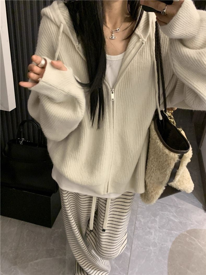 Ladies Comfortable Knit Hoodie with a Large Hood and Zipper Lune London