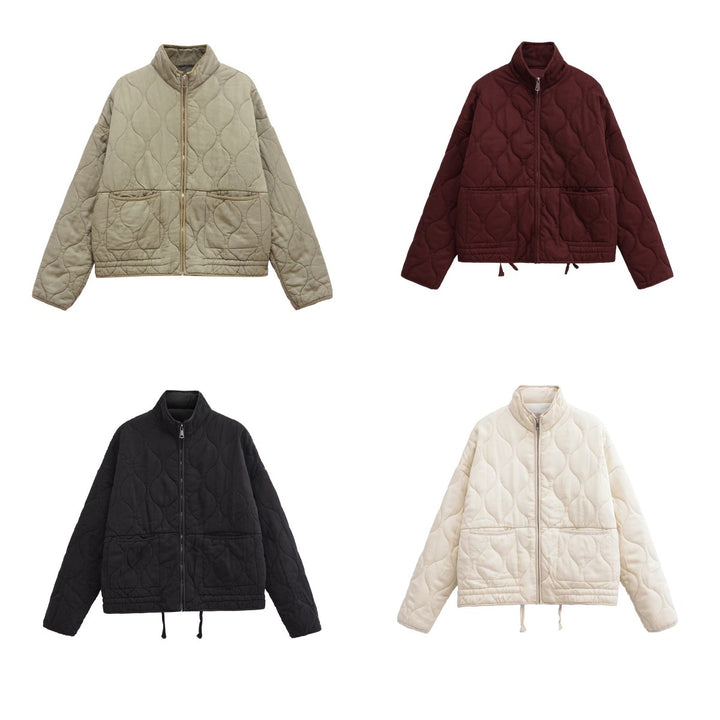 Ladies quilted transition jacket with high collar and practical pockets Lune London