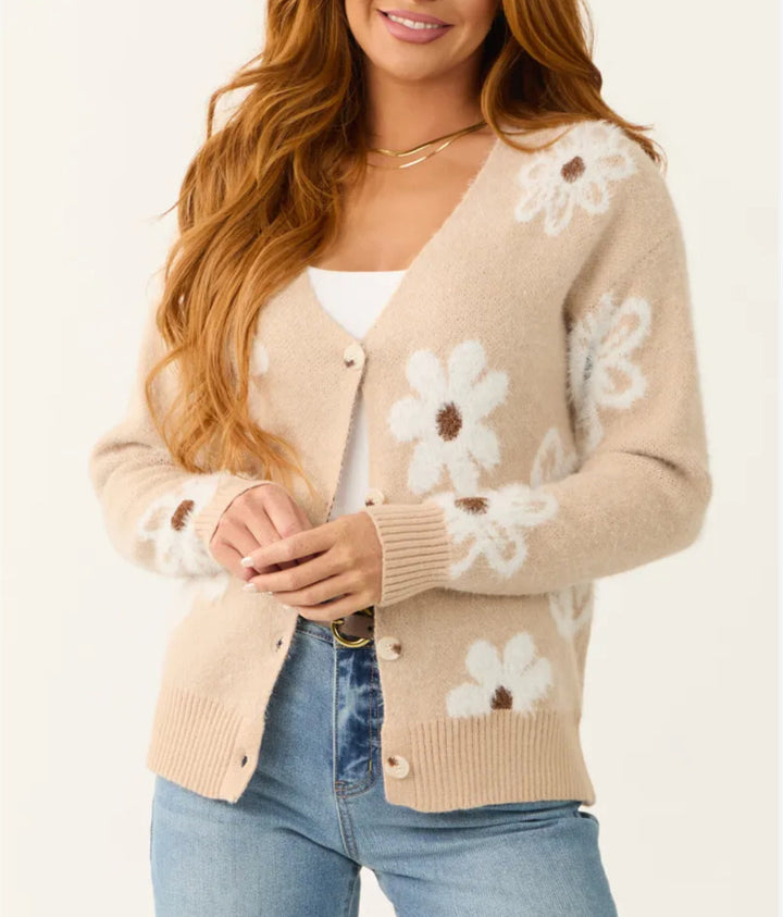 Trendy women's cardigan with floral appliqués Lune London