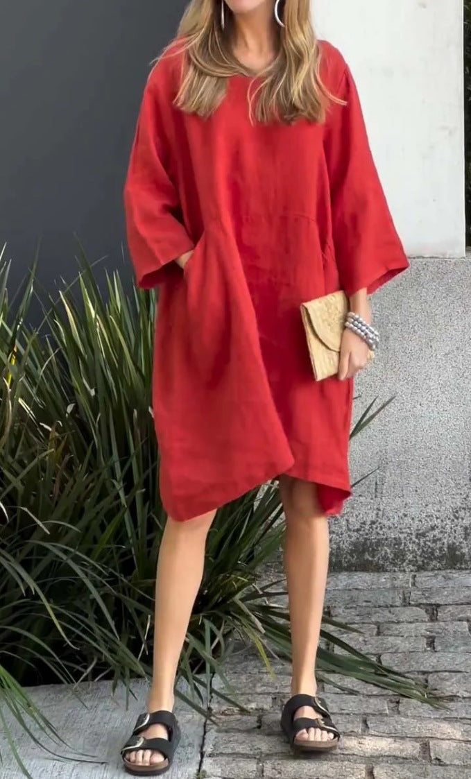 Casual linen dress for women with practical pockets and asymmetrical hem Lune London