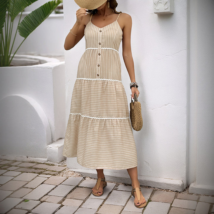 Woman Striped Lune London Ruffled Maxi Dress with Buttons
