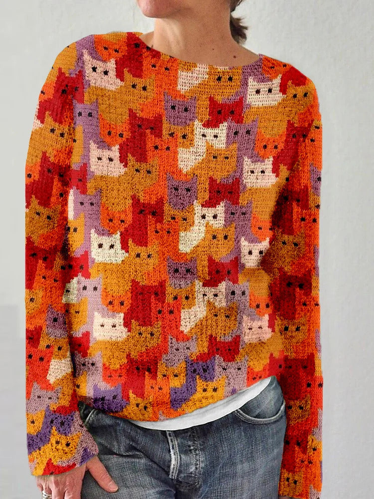 Pull en tricot pour femmes avec un motif de chat ludique Chic & Stil