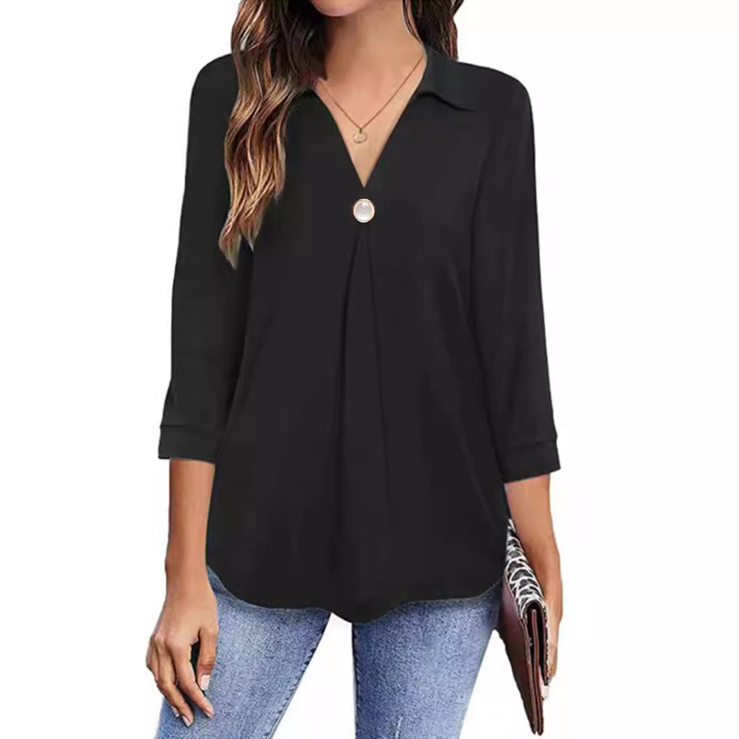 Long sleeve blouse for women with an elegant V neck and decorative pleats Lune London