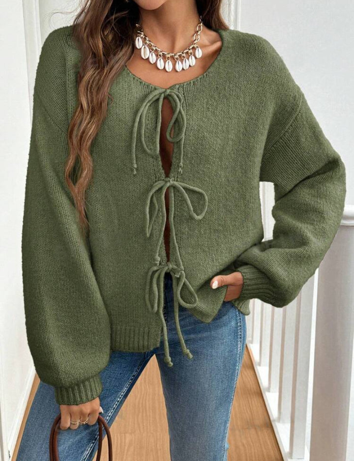 Comfortable knitted sweater for women with decorative lacing detail and wide sleeves Lune London