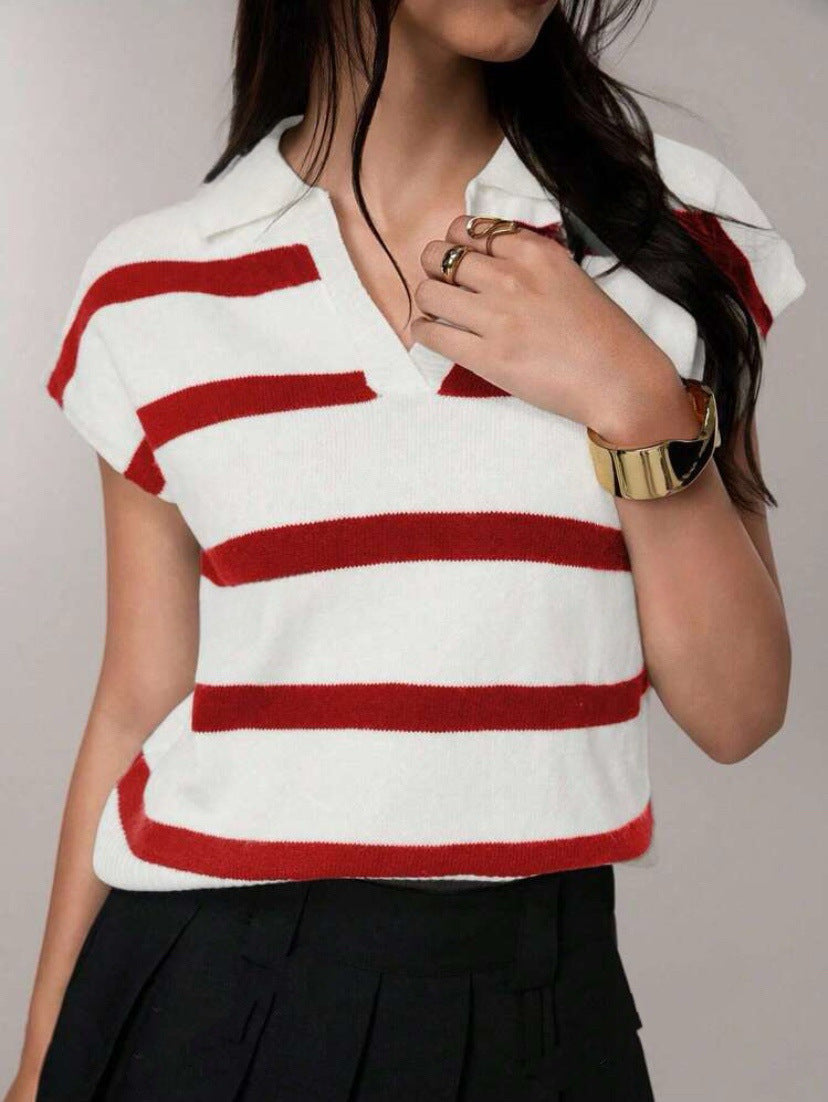 Women Short striped short sleeve sweater with polo collar Lune London